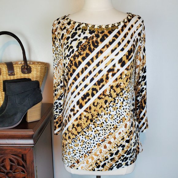 Ruby Rd. Soft Striped Animal Print Embellished Neck Side Drawstring Top Size L - Picture 9 of 9